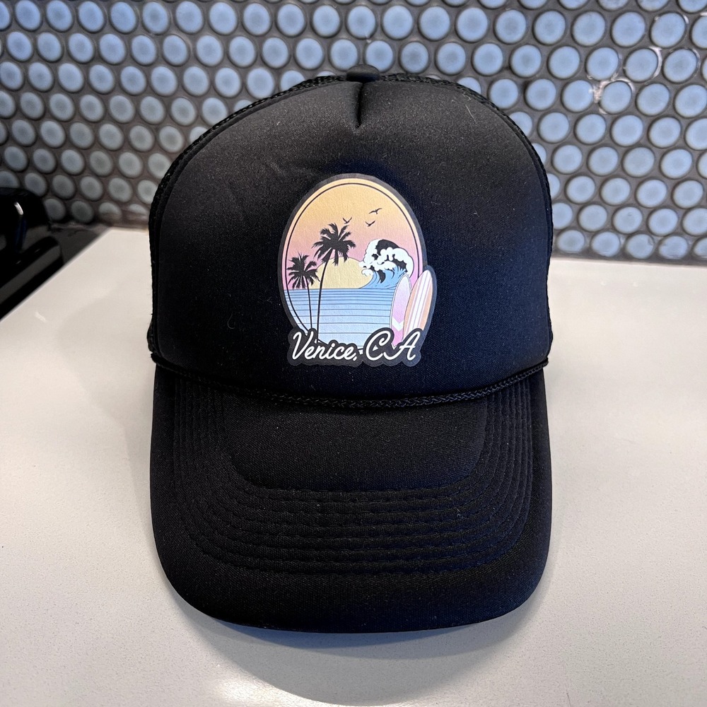 Venice California Trucker Hat Cap Foam Black Graphic Print Snap Black Back